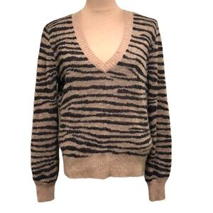 Joie Sweater Size Small Tan Tiger Print Alpaca Blend Glitter V-Neck Pullover
